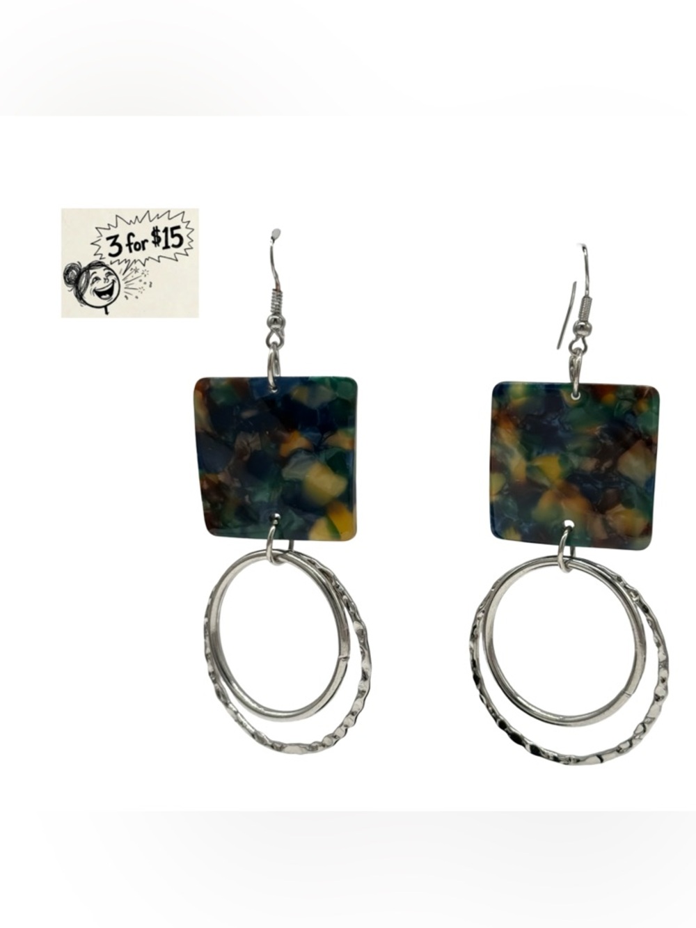 Paparazzi Maven Maker Multi Blue Acrylic Square Silver Hammered Hoop Earrings